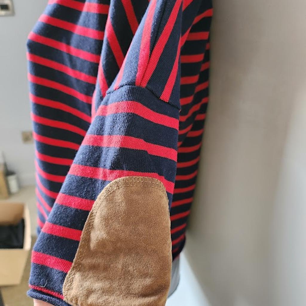Zara Navy & Red Stripe Breton top with 3/4 length sleeve & suede elbow patches. Heavy weight fabric and great condition and could double up as Freddie Kruger for Halloween! Says size M but can fit upto size 12.
