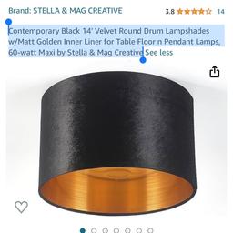 Contemporary Black 14' Velvet Round Drum Lampshades w/Matt Golden Inner Liner for Table Floor n Pendant Lamps, 60-watt Maxi by Stella & Mag Creative