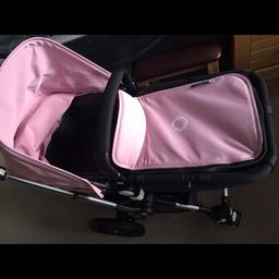 Very good condition, barely used Bugaboo Cameleon3 soft pink. from a smoke free & pet free home

includes -
Aluminium Chassis,
Seat/Cot Frame, cot frame used for one month
Seat brilliant condition as car seat was mostly used
Tailored Fabric Set,never used
Wool cover for seat and carry cot,
underseat shopping basket