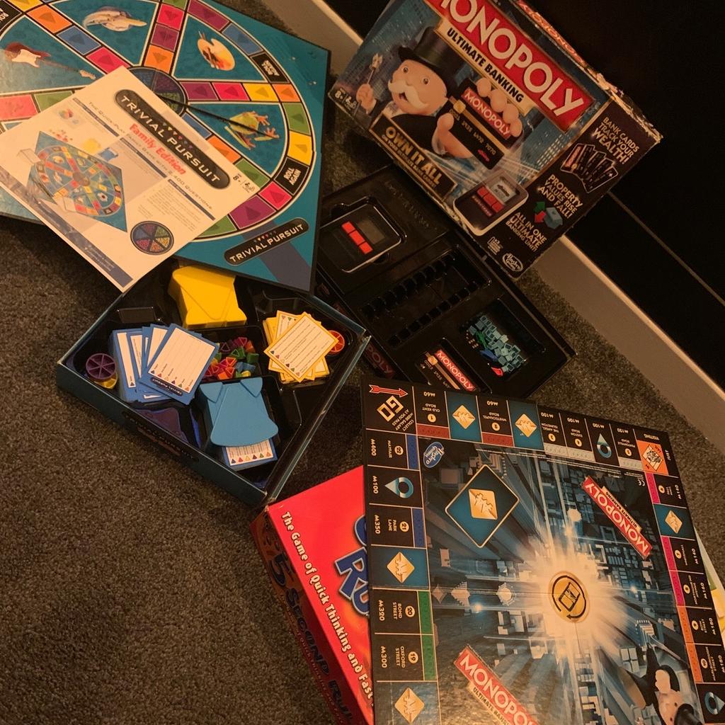 These are 5 used, family board games, ready for a new home, the bundle comprises of
Game of Life - 1 pink peg is missing
Mastermind - 1 silver leg missing
5 Second Rule - 1 playing pawn missing
Family Edition Trivial Pursuit - 1 x blue wedge missing
Monopoly - ultimate banking one card damaged and no instruction, so will need to Google
Monopoly Fortnite all pieces are there although some of the cards are creased

Boxes are a bit damaged from storage and some are taped.

Pick up from OL9/North Chadderton area of Oldham

Any questions please ask 🙂