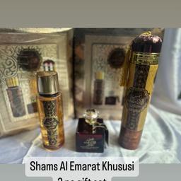Shams Al Emarat Khususi 3pc Gift Set 
Includes:- 
Perfume Mist 250ml
EDP perfume 100ml 
Air Freshener 300ml