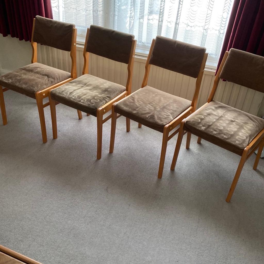 4 x Vintage Dining Chairs dated 1980s Sprung Seats in light brown wood and covering. All original useable but could do in recovering to your own decoration and style.
