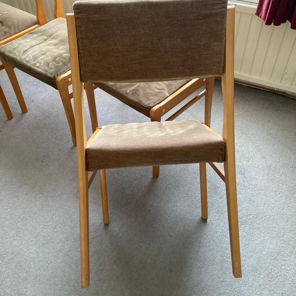 4 x Vintage Dining Chairs dated 1980s Sprung Seats in light brown wood and covering. All original useable but could do in recovering to your own decoration and style.