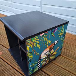Quirky upcycled storage Cabinet on wheels

H 41 CM
W 40 CM
D 39 CM
Thanks for looking 
Collection from WA8 
The Upcycling Shed
