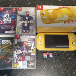 The Nintendo Switch Lite is in very good condition as used only a few times. It comes with the box, gel protective case, charger and six games. The games are Rocket League, FIFA 21, FIFA 23, Just Dance 2020 (without case), Just Dance 2021 (without case) and Just Dance 2023.