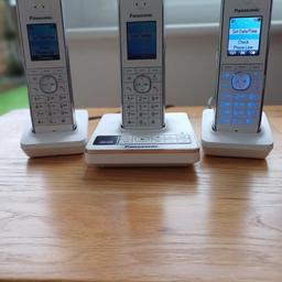 3x White Panasonic KX-TG8561E Cordless Phone with Answering Machine KX-TG8561. Rechargeable batteries in 2 phones and 1 phone without batteries. Tested and all in working order. All in excellent condition, no marks. If not collection buyer pays postage and PayPal fees.