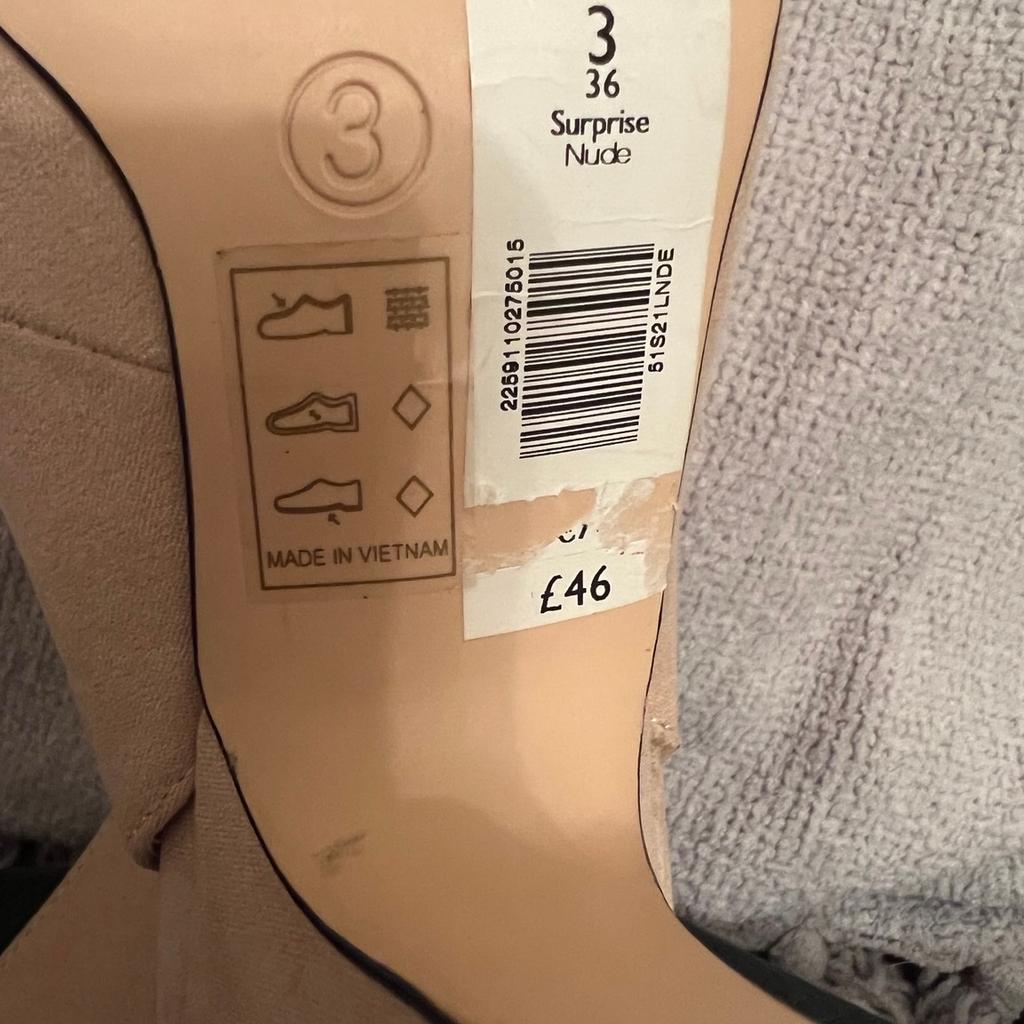 Dark cream faux suede sling backs.padded insole.rubber none slip sole.heel height three and a half inches.size 3.from Miss Selfridges.Been £46.00 new item