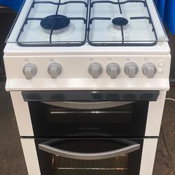 Hello welcome to my ad,This Montpellier MDG500LW 50cm double oven gas cooker comes in white colour with stylish silver handles four burners,glass lid(cut-out),flame failure device (FFD),ignition switch,enamel pan support,Easy clean enamel,interior light, double glazed door and viewing windows, removable inner glass door,grill pan,3 shelves,Catalytic liners in both ovens making cleaning easy,Slow cook, defrost function,main oven is conventional with 57 litres capacity and second oven is conventional oven/grill with 29 litres usable with dimensions H:900 W:500 D:600 clean and tidy cash on collection at B18 7QD 71 western road or delivery for extra fee, for more information msg me thanks.