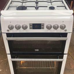 Hello welcome to my ad,This Beko BDVG675NTW 60cm double oven gas cooker comes in white colour and silver stylish knob with four burner gas hob,glass lid(safety cut-off)programmable timer and minute minder, double glazed doors and viewing windows, removable inner door glass, interior light, flame safety device, ignition switch,catalytic liners in both ovens,easy clean enamel,Ecosmart(energy saving),main oven is conventional gas with a cooking capacity of 72 litres usable while second oven (Top) is 34 litres conventional oven and grill, clean and tidy dimensions are H:900 W:600 D:900 cash on collection at B18 7QD 71 western road or delivery for extra fee, for more information msg me thanks.