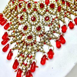 Radiant Red and Gold Statement Necklace, Earrings, and Tika Set