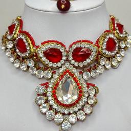 Ruby Red and Gold Stone Set Necklace Earrings and Tika Set