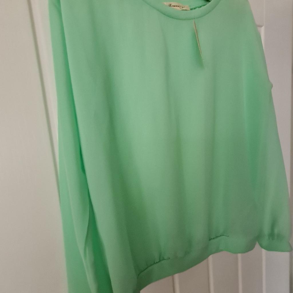Brand new top from Forever 21.
I bought it a few years back but did not find the right occassion to wear it.
Its a mint green long sleeve top (the pics shows the colour to be slightly darker in mint green shade).
100% polyester and fully see through.
Thanks for looking.