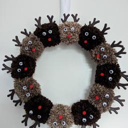 🦌❄️ Handmade Christmas Reindeer Wreath with googley eyes, red nose, antlers and a white silky ribbon as hook ☃️ £16🎄Only one available