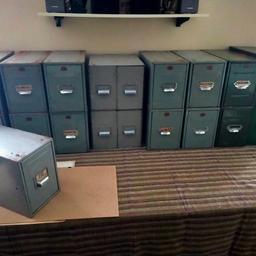 Vintage "Veteran" brand metal filing cabinets.

CLEARANCE SALE

Green/ Grey colours with evidence of age.

7 single drawers. 25H x 19W x 40 L
£10 each

2 double drawers 24H x 28W x 36 L
£15 each

Can sell in singles or £90 for the lot.