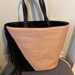 Estée Lauder shopping bag black leather tassels straps sides base with hessian front classic