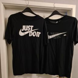 Nike T-shirts
Mens size: Small
Black with white Nike logo

Both purchased directly from Nike . Com
They were barely worn as my teenage son quickly outgrew the size.

Grab a Bargain. Paid over £40 for both T-shirts.

They're in used condition. They are not brand new. They have been washed in Fairy Non Bio. But could do with an iron.

Collection only please
No offers please