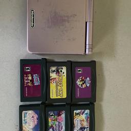 Pearl Pink Nintendo gameboy Advance SP console with six games cartridge’s consisting of My Little Pony The Runaway Rainbow/Magic Pegasus/Barbie 12 Dancing Princesses/Puppy Love Spa And Resort/Royal Adventure/Bratz Babyz/the console casing is quite rubbed but everything works as it should also comes with replacement charger