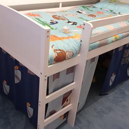 Bunk bed mid height with under bed storage/play space.
Mattress included. Suitable for child age 3 - 7 years. In good condition, but does have just a few small chips to paint work, which would easily cover.