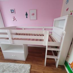 Very good used condition. Some slight pen marks. Very good quality and very sturdy high sleeper with shelving unit, mini wardrobe and desk with chair - all parts fit under the bed (except the chair). No mattress .
Collection only .
Dismantled.
Cash on collection please.