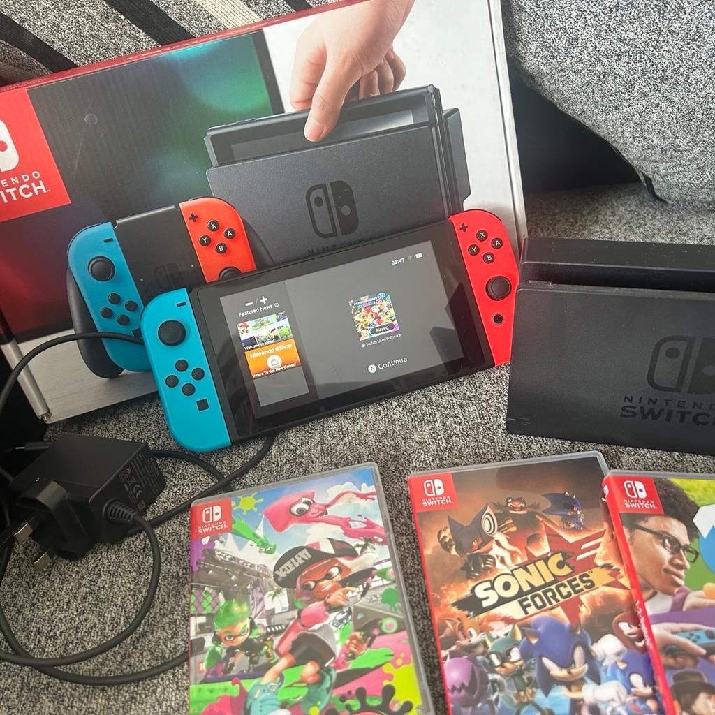 Item is in fantastic condition, due to only being used twice then forgetting I had it.

It comes complete with the following games:

Mariokart 8 deluxe
1 2 switch
Sonic forces
Splatoon 2

About this product

Nintendo Switch is a breakthrough home video game console. It not only connects to a TV at home, but it also instantly transforms into an on-the-go handheld using its 6.2-inch screen. For the first time, players can enjoy a full home-console experience anytime, anywhere.

Battery life of approx. 4.5-9 hours. The duration will depend on the games you play. For instance, the battery will last approximately 5.5 hours for The Legend of Zelda: Breath of the Wild.

Contents: Nintendo Switch Console (MOD. HAC-001-01), 2 Joy-Con controllers, Nintendo Switch dock, Joy-Con grip, AC adapter, HDMI cable and Joy-Con straps.

Nintendo Switch (MOD. HAC-001-01).
Battery life is up to 9 hours when fully charged.
For ages 3 years and over.

Ideally collection only from Chesterfield