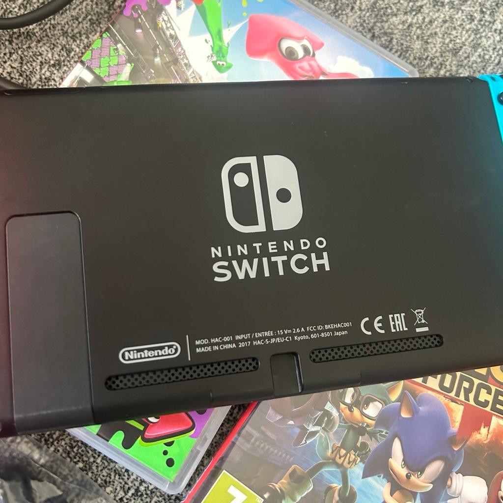 Item is in fantastic condition, due to only being used twice then forgetting I had it.

It comes complete with the following games:

Mariokart 8 deluxe
1 2 switch
Sonic forces
Splatoon 2

About this product

Nintendo Switch is a breakthrough home video game console. It not only connects to a TV at home, but it also instantly transforms into an on-the-go handheld using its 6.2-inch screen. For the first time, players can enjoy a full home-console experience anytime, anywhere.

Battery life of approx. 4.5-9 hours. The duration will depend on the games you play. For instance, the battery will last approximately 5.5 hours for The Legend of Zelda: Breath of the Wild.

Contents: Nintendo Switch Console (MOD. HAC-001-01), 2 Joy-Con controllers, Nintendo Switch dock, Joy-Con grip, AC adapter, HDMI cable and Joy-Con straps.

Nintendo Switch (MOD. HAC-001-01).
Battery life is up to 9 hours when fully charged.
For ages 3 years and over.

Ideally collection only from Chesterfield