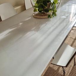 ikea dining table and 6 chairs
1 chair need fixing as it moves but can still be used
overall signs of wears and tears
been covered with sturdy plastic cover si glass is in good condition
the table splits in 2 so easy to transport
chairs stacks together