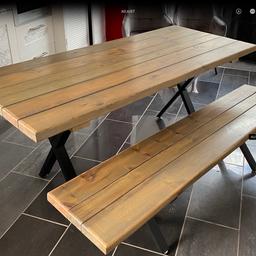 Brand new unused. Wood dinning set.
Table and 3 benches. 2 inch thick
One large and two side benches. Rounded corners X frame legs on table and large bench . silver oil protected. Looks like reclaimed scaffold board
Solid construction. Looks good. Solid wood Rustic. Adjustable legs retail about. £900+
Averly area. RM154EH
£500 ono. Reduced to 450. Now 400