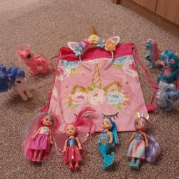Unicorn headband and matching bag. Selection of fairy dolls and ponies. All good clean condition.