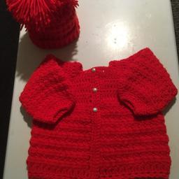 Hand Crocheted Red Cardigan and Matching Hat (New) Beautiful soft DK wool , ideal Christmas gift for your little one (£15.00) made to order , in other colours, message me , Cash On Collection Only 🧶🧶