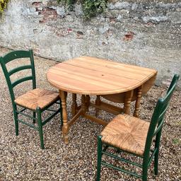4ft round pine drop leaf table. Few marks on top. 3ft length when closed. Ideal for small spaces, can be used against a wall with one leaf open. Arts & craft style chairs (x4) green wood with wicker seat pads. Great to upcycle.
Will sell chairs separately to table as set.