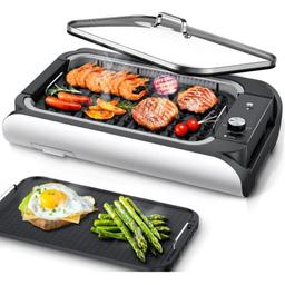 Calmdo Electric Smokeless Grill with Adjustable Temp and Glass Lid 1400 W, White