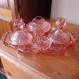 pink glass dressing table set. very good condition with no chips or cracks