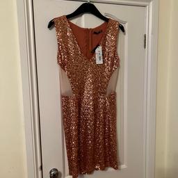 Beautiful dress super sparkly sequins mesh see threw fabric on the sides.zip fastening down the back.fully lined in soft stretchy comfy jersey cotton.lovely figure hugging style in pretty rose gold colour.by TFNC of London.size 12.length 83cm.Been £48.00 new with tags on.lovely for the party season or special occasion