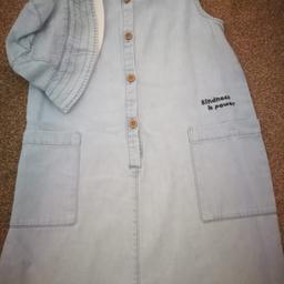 Denim dungarees with matching hat also grey wool style dungarees with pink long sleeve top. Age 4-5 years. Excellent condition