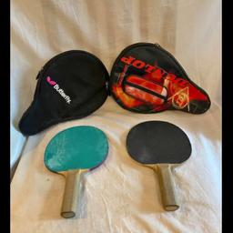 Two Table Tennis Bats and Carry Cases. 
Pre owned condition. 
Cases in Good Condition. 
Collect from Croydon CR0 South London or can be delivered locally for agreed fee but outside London Congestion Zone. 
Postage Royal Mail UK only.