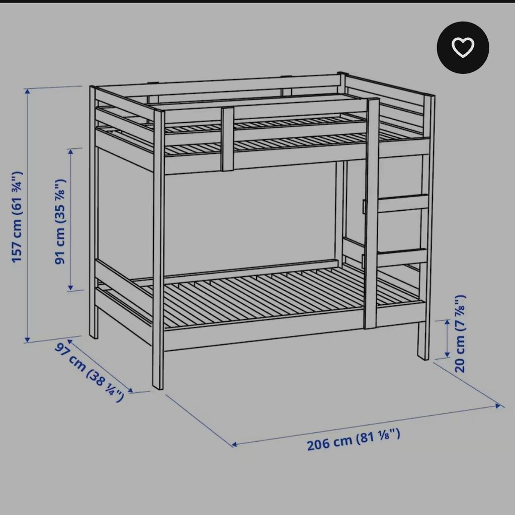 IKEA - MYDAL Etagenbettgestell
206x97x157 cm.
Besteht aus Massivholz.
Ohne Matratzen.