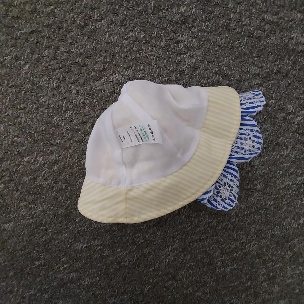 Hat Panama “Matalan”

Little Kids Part of 2 Piece Set

Blue Yellow Mix Colour

New With Tags

Actual size: cm

Height: 15 cm

Head volume: 48 cm – 49 cm

Depth: 16 cm

Age: 6 - 12 Months

Composition Yellow Hat:

Shell Body: 100 % Cotton

Shell Brim: 52 % Cotton
 47 % Polyester
 1 % Viscose

Lining: 92 % Polyester
 8 % Cotton

Exclusive of Trimmings

Composition Blue Hat:

Shell: 100 % Cotton

Lining: 91 % Polyester
 9 % Cotton

Exclusive of Trimmings

Made in China