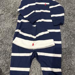 Ralph lauren baby romper with matching hat available in 3months with matching hat and also available in size 6months with matching hat,navy with white stripes,red Ralph Lauren logo on hat and romper