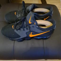 HI I HAVE FOR SALE A PAIR OF NIKE VAPORMAX TRAINERS BLACK WITH A ORANGE TIK LIKE NEW ONLY WORN TWICE OPEN TO SENSIBLE OFFERS BUYER TO COLLECT FROM ME THANKS I DO HAVE MORE TRAINERS AND DIFFERENT COLOURS ALL ARE SIZE 8 THANKS