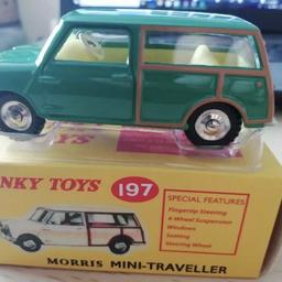 Dinky Toys 197 Morris Mini-Traveller

This is an exquisite Atlas Dinky Toys 197 Morris Mini-Traveller in a beautiful classic colour, still sealed in its 2016 Mattel box. Image used of the car is for demonstration purposes as colour is unknown.

The car is from the contemporary manufacture category and is a 1:72 scale model with features such as its unopened box. The brand, Mattel, is a household name known for its quality products.

local collection preferred or can be posted out at extra costs.