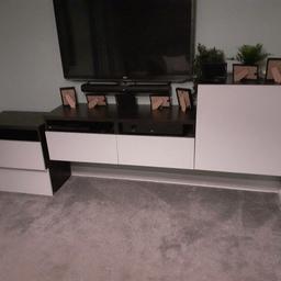 Ikea besta tv bench. Can be attached to wall or you can sit on floor. 3 opening draws. Three slots for equipment. Large cabinet with opening door and shelves. Excellent condition throughout. Damage make on top but covers up easy with something eg photo frames. Can buy glass top covers for these units at ikea.

3 draws unit. 1800 length depth 400 height 400

2 draws unit 120 length depth 400 height 400

Cabinet  600 length  depth 400 height 640

total length 2400