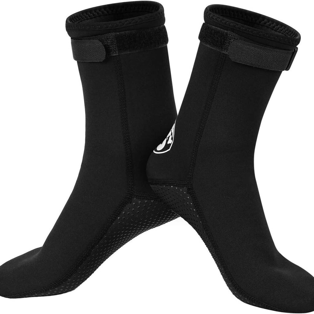 High Quality 3mm Neoprene Premium water shoes/Socks with Anti-slipping Rubber Soles, you have less restrictions and less foot fatigue during water sports.
All seams of our diving socks were glued and blind stitched. That is more complicated than general sewing, which can lessen water leakage, maintain better thermal insulation and enhance their durability.
Sticky Wide Type for easily buckle for waterproof diving, helping you adjust the water boots easily protect your feet from hurt by rocks or other sharp objects and keep warm while underwater.
Our wetsuit sox wonderful for beach volleyball, beach soccer, Snorkeling, Swimming, Surfing, Sailing, boating, Kayaking, Diving.
NOTE: Water Sock are designed to keep your feet warm, not dry, when they are used in, on, or around water.