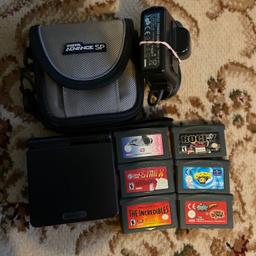 Black Nintendo Advance SP in good condition comes with original charger,travel pouch with two compartments,and six games cartridges one of which contains two games ie Spongebob Squarepants Supersponge and Rugrats go Wild/Crash Bandicoot 2 A Tranced/The Incredibles/Star X/Matt Hoffmans Pro Max 2(with torn label)/Rocky Rage/