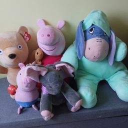 peppa pig and peppas teddy are both from peppa pig world cost 21.99 each as the tag In last pic shows. 

eeyore larger teddy too 
george pig is a well used teddy but has been washed. 
and the elephant is a hide an seek elephant and works.

collection only West bromwich b70 
viewing is welcome

Sold as seen
no returns or refunds