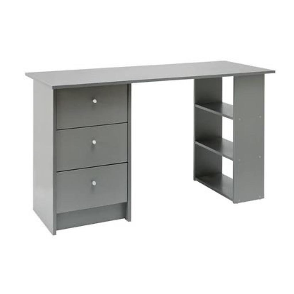 Malibu 3 Drawer Desk - Grey fully assembled but all new and we can deliver local free
 The drawers can be positioned at either end and you can use it as a dressing table or an office desk. it has a simple, modern design with shining handles
Wood effect desk with plastic handles.
3 drawers with metal runners.
3 fixed shelves
Size H72.1, W120, D49cm