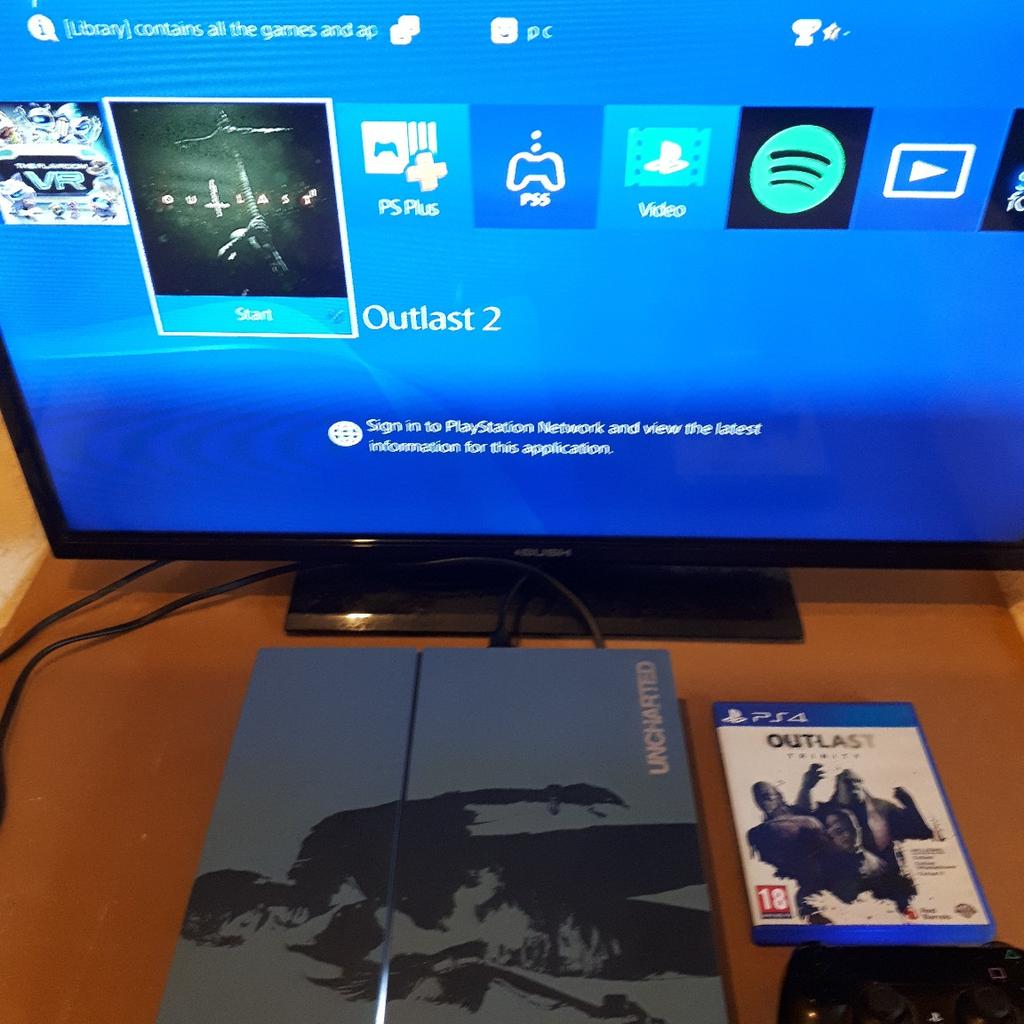 PlayStation4 Uncharted Limited Edition PS4 Console. 1 controller. 1HDMI cable. 1 power cable. 1 game out last trinity double disc. 500 gig harddrive. will be reset to factory settings. IN good working order