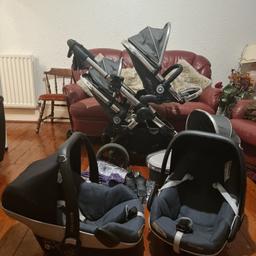 iCandy Peach 3 bundle in good condition and works very well with obvious signs of usage. 

Comes with:
2 x Maxi Cosi i-size Pebble car seats
2 x car seat inserts
2 x Seat Units
1 x Carrycot
1 x Purple Parasol
1 x Universal Rain Cover
1 x Cup Holder
1 x Organiser

Has all adapters needed to switch between the different seats. 

More pictures available on request
