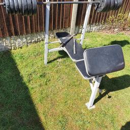 Weightbench and weights for sale with preacher curl stand and 2 x dumbells that need spinlocks and 1 plastic handle.
I'm not sure on the weight of weights but as from memory I think they are. 
6x30kg
8x5kg 
 As been in storage and having a clear out.
Cash on collection please.