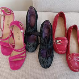 Donated to sell for Lupus charity. Pink sandals and black wedges approximately 8½cm heels. Red footglove flat leather shoes. All 3 pairs £10. Collect from Streetly