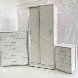 AERO WHITE STONE EFFECT SLIDING WARDROBE CHEST AND BEDSIDE

FULLY ASSEMBLED
HAS METAL RUNNERS
SLIDING WARDROBE: W785mm x D540mm x H1820mm
5 DRAW CHEST: W822mm x D405mm x H1062mm
3 DRAW BEDSIDE: W449mm x D405mm x H654mm

PLEASE NOTE THE HANDLES WILL BE SILVER T-BAR HANDLES AND IF YOU WOULD LIKE DIFFERENT ONES THEY ARE £15 EACH
£750.00

B&W BEDS 

Unit 1-2 Parkgate Court 
The gateway industrial estate
Parkgate 
Rotherham
S62 6JL 
01709 208200
Website - bwbeds.co.uk 
Facebook - B&W BEDS parkgate Rotherham 

Free delivery to anywhere in South Yorkshire Chesterfield and Worksop on orders over £100
Same day delivery available on stock items when ordered before 1pm (excludes sundays)

Shop opening hours - Monday - Friday 10-6PM  Saturday 10-5PM Sunday 11-3pm